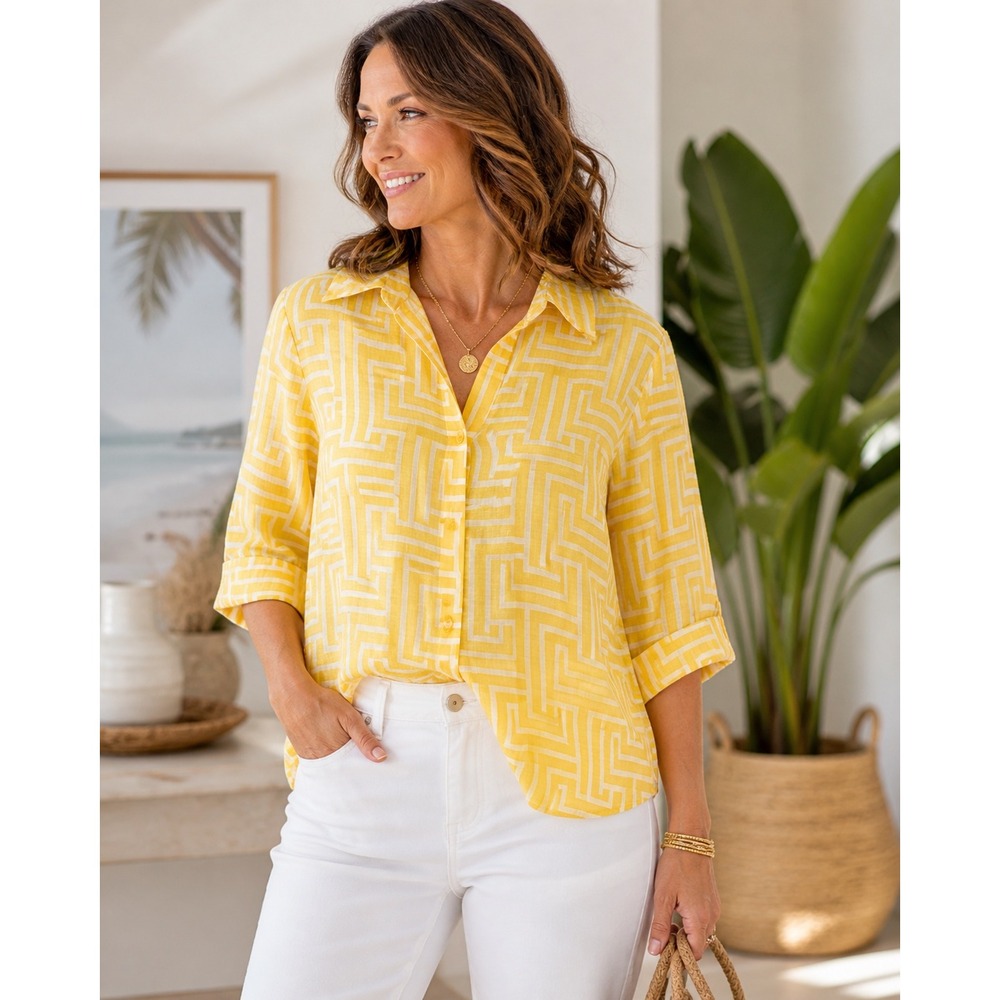 Linen Coastal Resort Yellow Geometric Blouse Relaxed Summer Top M L